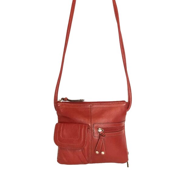 Tignanello Red Leather Crossbody Bag With Pockets & Zippers - Picture 2 of 9